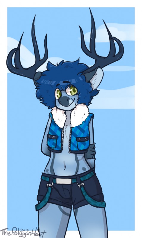 anthro antlers blue_hair clothed clothing fully_clothed hair happy horn male navel smile solo polygonheart jammers deer mammal hi_res