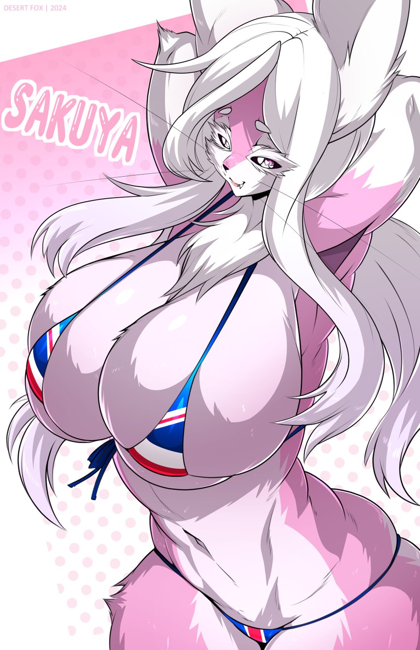 anthro big_breasts bikini biped black_sclera breasts clothing female flag_bikini fur hair hands_behind_head heart_eyes heart_symbol huge_breasts navel pink_body pink_fur pose solo swimwear text two-piece_swimsuit union_jack_bikini white_hair year sagestrike2 sakuya_(sagestrike2) domestic_cat felid feline felis mammal 2024 character_name hi_res