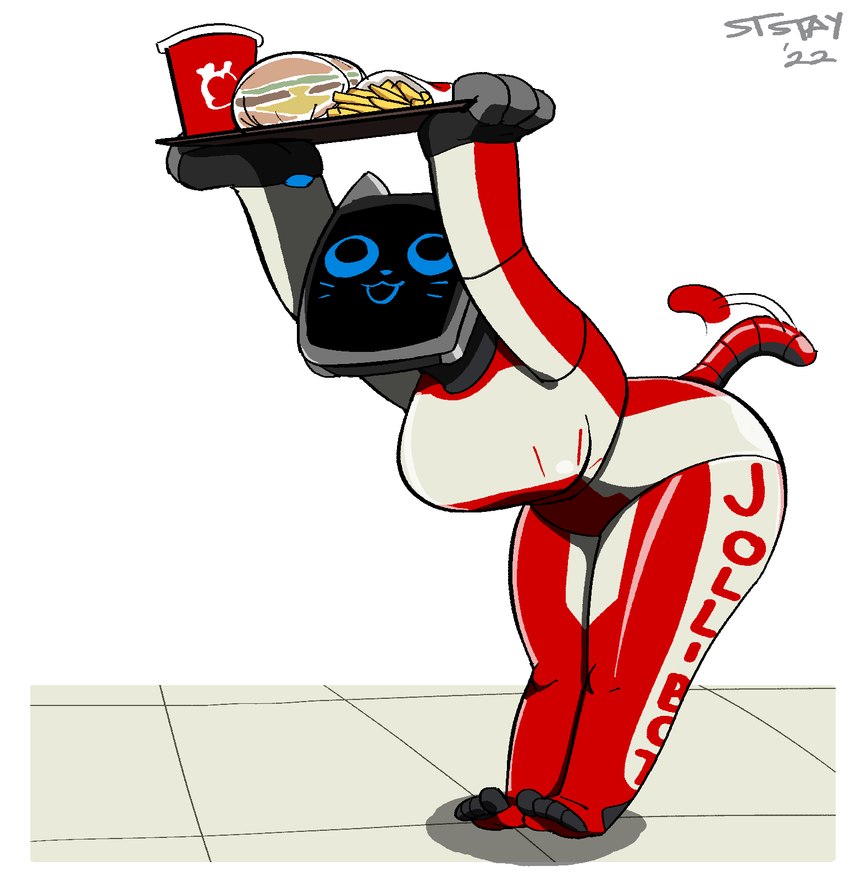 4_fingers 4_toes :3 anthro anthrofied bent_over beverage blue_eyes breasts burger clothing fast_food feet female fingers floor food food_tray fries holding_object legwear looking_up machine multicolored_body open_:3 red_body screen screen_face short_stack short_tail simple_background soda soda_cup solo tail tail_motion tailwag text text_on_clothing text_on_legwear tile tile_floor toeless_legwear toes tray two_tone_body white_background white_body neon_stalwart jollibee pudu_robotics jollibot android bellabot domestic_cat felid feline felis mammal robot 2022 artist_name dated english_description full-length_portrait hi_res portrait