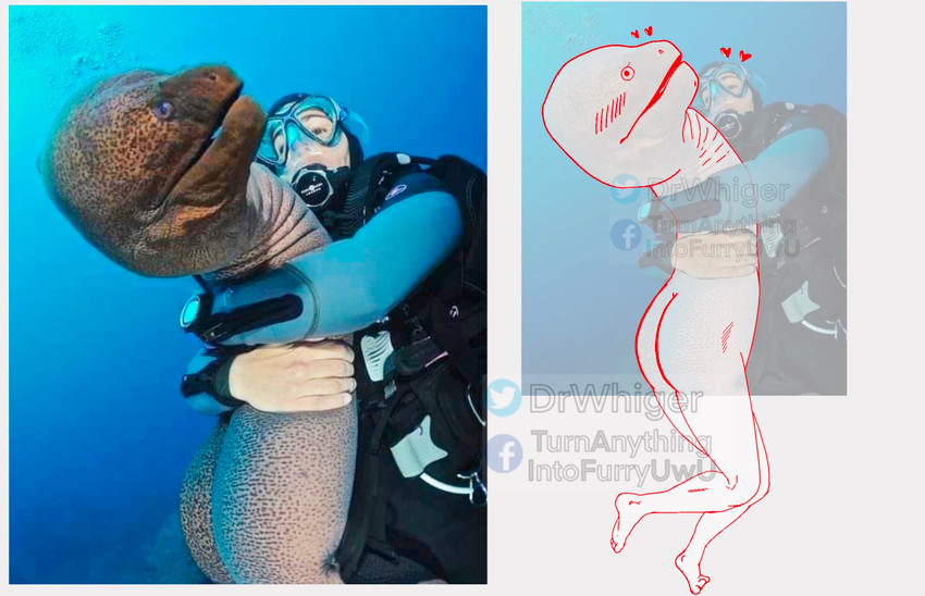 blush bubble butt clothed clothing diving_mask duo feet heart_symbol humor love mask parody real scuba_diver underwater water dr.whiger eel fish human mammal marine moray_eel hi_res meme watermark