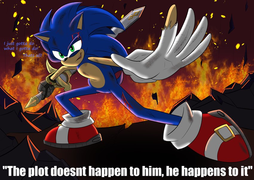 anthro blood blood_from_wound blue_body blue_eyes blue_fur bodily_fluids clothing fighting_pose fire footwear fur gloves handwear male melee_weapon perspective_shot pose shoes smile smirk solo standing sword text weapon wounded vexxyvex sega sonic_and_the_black_knight sonic_storybook_series sonic_the_hedgehog_(series) caliburn sonic_the_hedgehog eulipotyphlan hedgehog mammal english_text hi_res