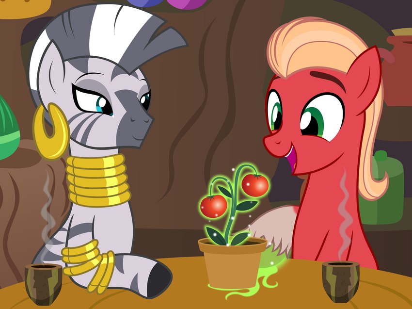 blonde_hair blue_eyes bracelet clothing container cup ear_piercing female feral fetlocks footwear fur furniture green_eyes hair jewelry magic male neck_ring piercing plant quadruped red_body red_fur socks steam stripes table badumsquish friendship_is_magic hasbro my_little_pony sprout_cloverleaf_(mlp) zecora_(mlp) earth_pony equid equine horse mammal pony zebra hi_res