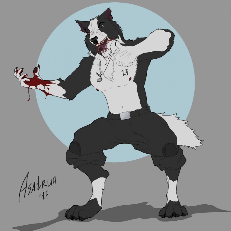 angry anthro blood blue_eyes bodily_fluids bottomwear bulge claws clothing dog_tags fangs fur grey_body grey_fur male nipples notched_ear pants red_eyes scar short_tail solo tail tattoo teeth violence white_body white_fur asatrua canid canine canis domestic_dog mammal 1:1 2017 hi_res