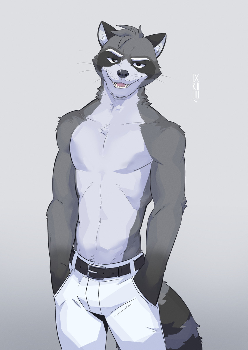 anthro belt bottomwear clothed clothing fur male simple_background solo topless topless_male ixkouu mammal procyonid raccoon 2021 digital_media_(artwork) hi_res signature