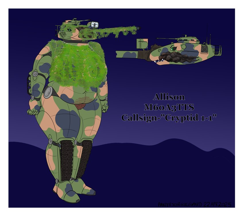 anthro black_sclera body_hair border camo_body camo_net dark_nipples deep_navel female green_body green_eyes grey_body gun happy_trail m60 m60a3 machine machine_gun navel pubes pupils ranged_weapon smoke smoke_from_mouth solo tan_body tank_(vehicle) vehicle weapon white_border white_pupils panzerschreckleopard allison_(pit_viper) living_machine living_tank living_vehicle 2025 absurd_res colored hi_res