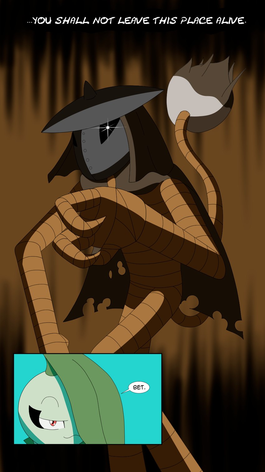 2_panel_comic alternate_species ambiguous_gender black_text brown_eyes dialogue duo ellipsis eyebrows eyeshadow female fingers glowing glowing_eyes half-closed_eyes leaf makeup mouth_closed narrowed_eyes one_eye_obstructed pose pupils shadow speech_bubble standing tail talking_to_another text white_sclera white_text trainer-mana nintendo pokemon pokemon_mystery_dungeon spike_chunsoft joanna_(tot) chikorita generation_2_pokemon pokemon_(species) smeargle 2022 9:16 comic digital_media_(artwork) english_text hi_res