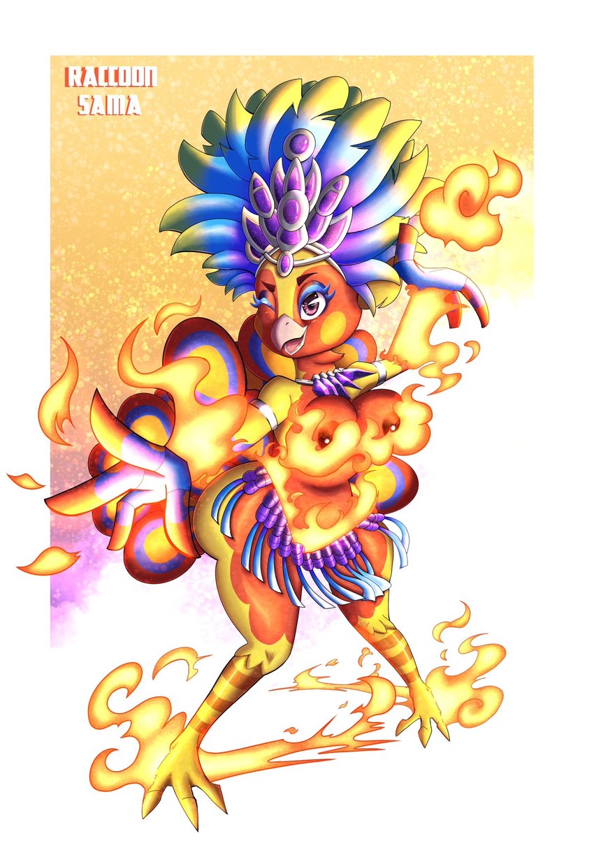 anthro areola beak big_breasts blue_body blue_eyeshadow blue_feathers bracelet breasts crown elemental_manipulation eyelashes eyeshadow feathers female festival_clothing fire fire_manipulation headgear jewelry looking_at_viewer makeup necklace nipple_piercing nipples one_eye_closed open_mouth orange_areola orange_background orange_body orange_feathers orange_nipples piercing purple_background rosy_cheeks simple_background solo text thick_thighs white_background wide_hipped_female wide_hips wink winking_at_viewer yellow_body yellow_feathers raccoon_sama animal_crossing european_mythology greek_mythology mythology nintendo phoebe_(animal_crossing) avian bird mythological_avian mythological_bird mythological_creature mythological_firebird ostrich phoenix ratite hi_res