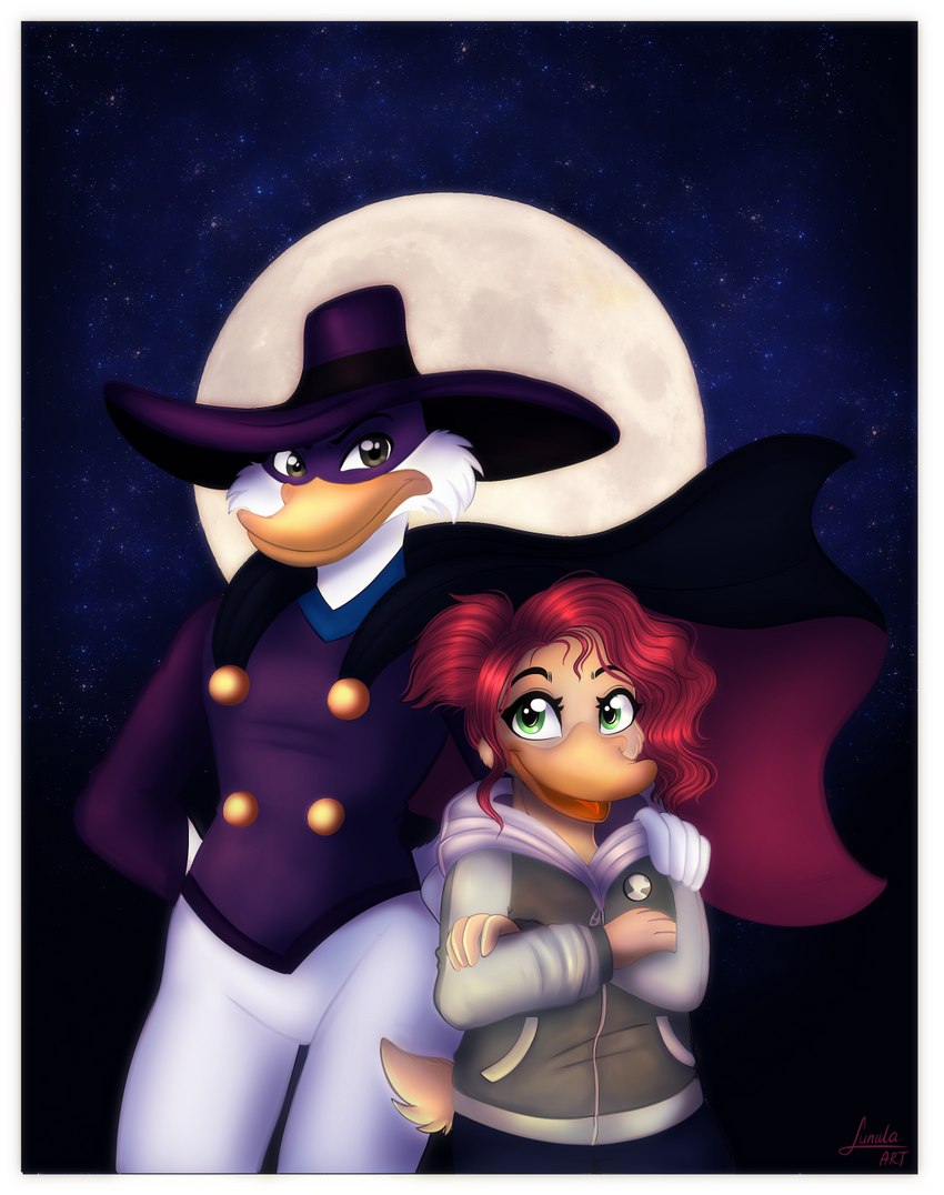 adolescent anthro cape clothing duo female hair hoodie male male/female purple_clothing red_hair smile superhero superhero_costume topwear young kinkypeach darkwing_duck disney ducktales ducktales_(2017) drake_mallard gosalyn_mallard gosalyn_waddlemeyer quiverwing_quack anatid anseriform avian bird duck hi_res adopted_(lore) adopted_daughter_(lore)