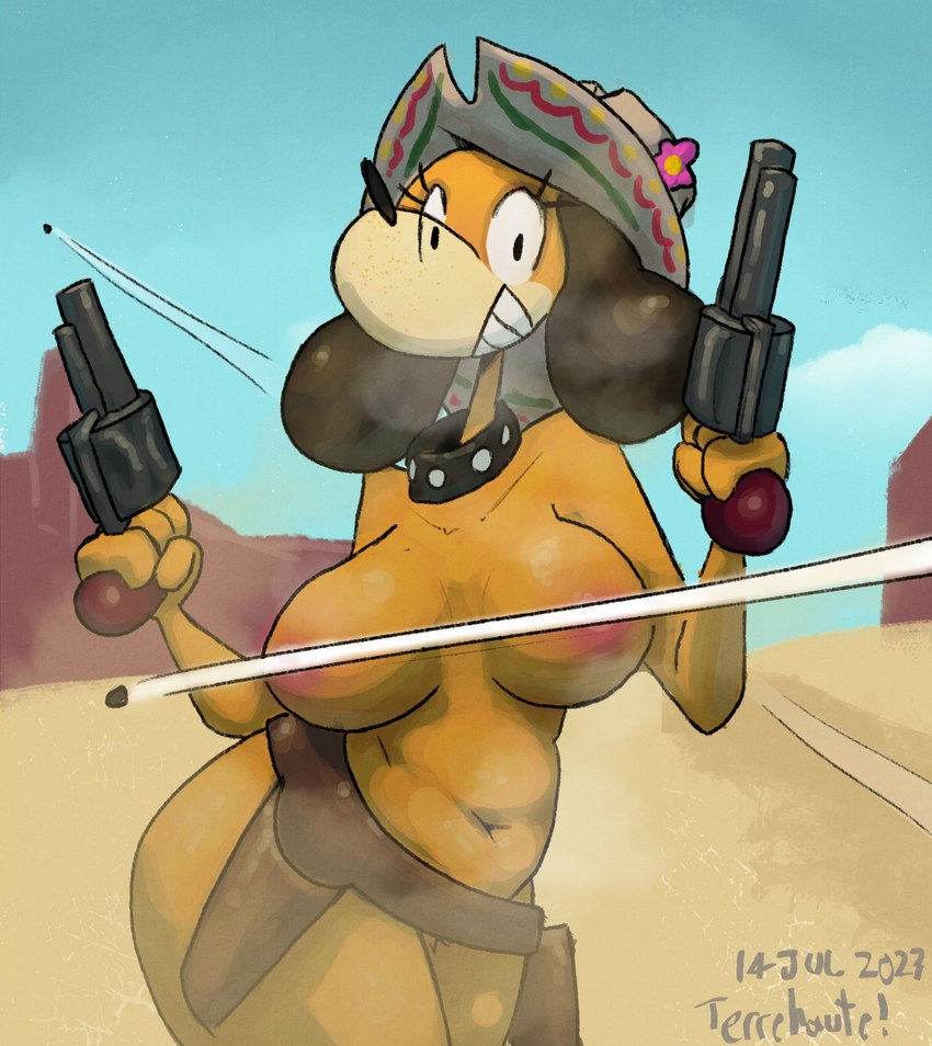 anthro areola big_breasts black_eyes breasts brown_body brown_fur bullet clothing collar convenient_censorship crossgender desert eyelashes female floppy_ears flower_accessory fur gun gun_holster hat headgear headwear holding_gun holding_object holding_ranged_weapon holding_weapon holster lop_ears navel nude orange_body orange_fur pink_areola ranged_weapon smile solo studded_collar studs tan_body tan_fur thick_thighs weapon wide_hips terrehaute duck_hunt nintendo duck_hunt_dog huntress_(lewdewott) canid canine canis domestic_dog mammal hi_res