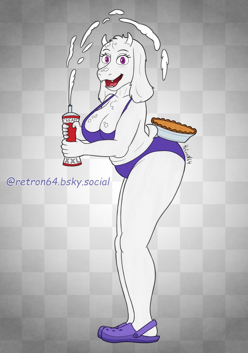 abstract_background anthro biped bra breasts cleavage clothed clothing curvy_figure dairy_products female flip_flops food footwear fur happy holding_object horn looking_at_viewer mature_anthro mature_female object_on_butt open_mouth panties parody pastry pie pose purple_bra purple_clothing purple_eyes purple_footwear purple_panties purple_underwear sandals shoes short_tail simple_background slightly_chubby slightly_chubby_anthro slightly_chubby_female solo standing tail underwear voluptuous voluptuous_female whipped_cream whipped_cream_can white_body white_fur retron64 crocs undertale undertale_(series) toriel boss_monster_(undertale) bovid caprine goat mammal 2024 absurd_res digital_media_(artwork) hi_res pinup portrait watermark