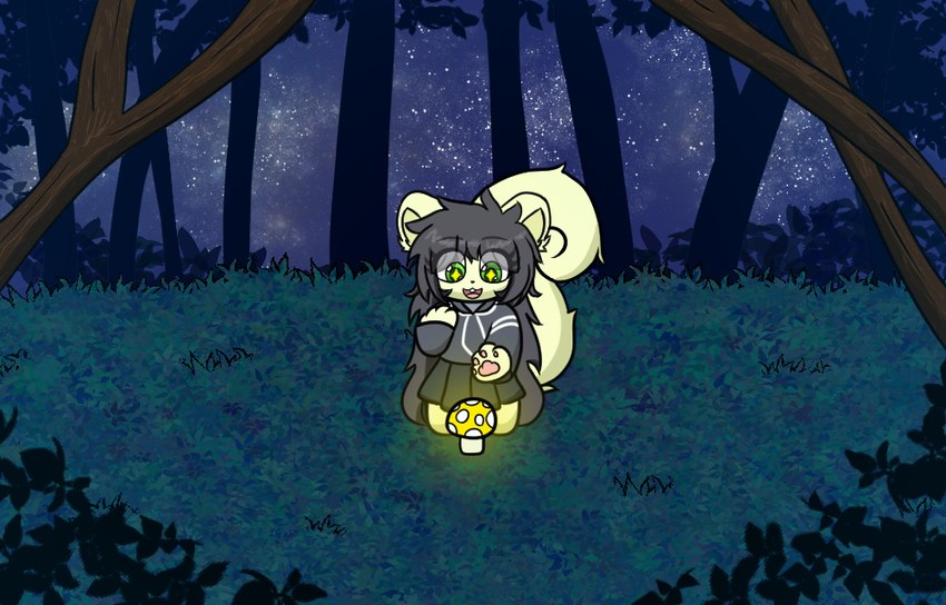 black_hair clothing female forest fungus fur green_body green_eyes green_fur hair mushroom plant school_uniform solo tree uniform young milkis2000 mammal rodent sciurid tree_squirrel