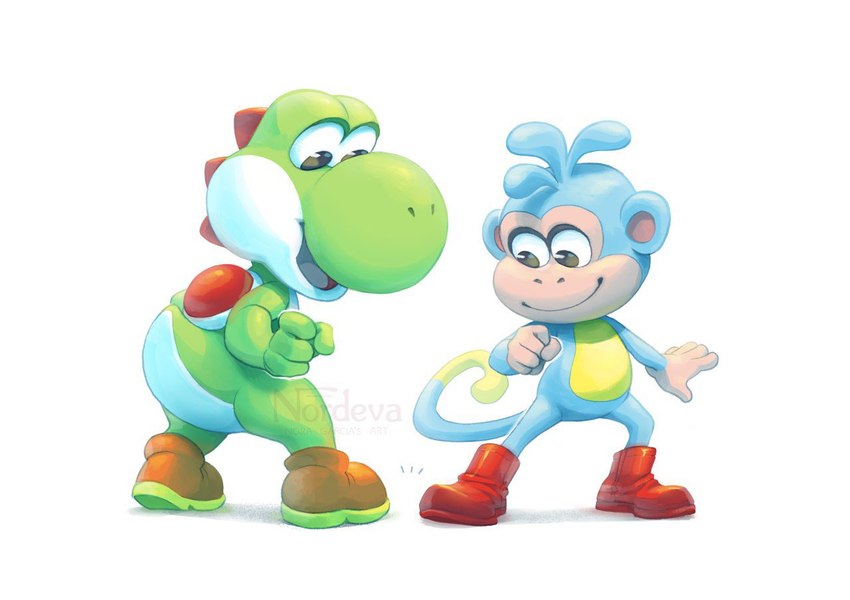 anthro boots clothing duo footwear footwear_only male mostly_nude open_mouth open_smile shoes simple_background smile white_background nordeva dora_the_explorer mario_bros nintendo boots_(dora_the_explorer) green_yoshi haplorhine mammal monkey primate yoshi crossover signature