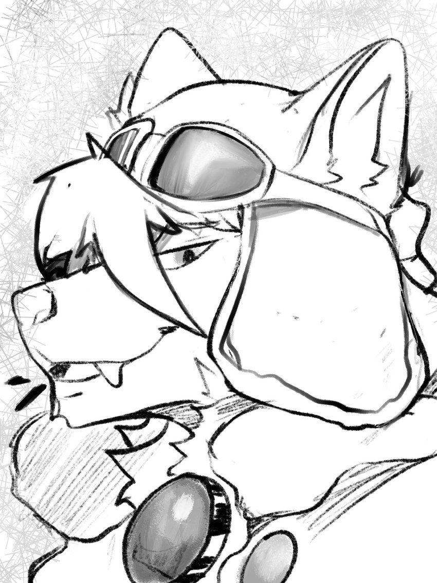 anthro aviator_cap clothed clothing hat headgear headwear looking_at_viewer male solo terryskaii_(artist) cyberconnect2 little_tail_bronx solatorobo red_savarin akita akita_inu canid canine caninu canis domestic_dog mammal spitz 2024 3:4 hi_res monochrome sketch