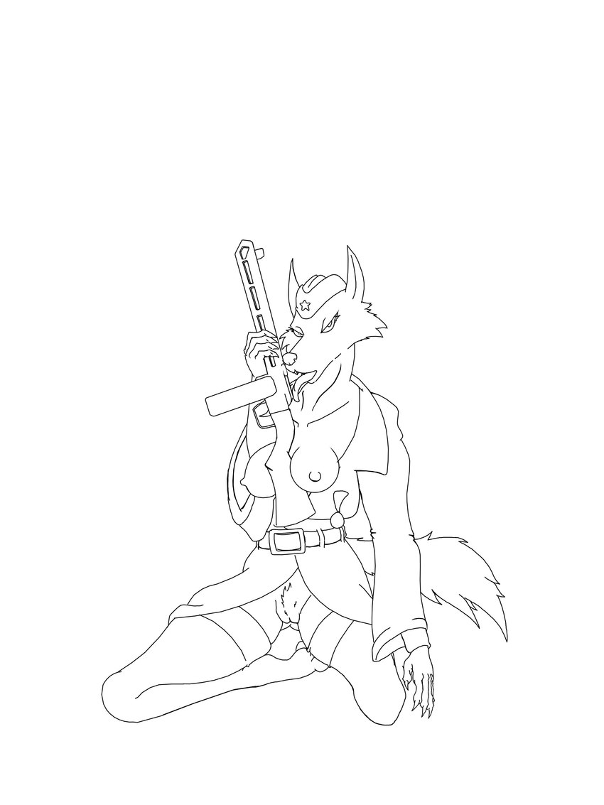 anthro breasts clothed clothing female genitals gun licking long_tongue military partially_clothed ppsh-41 pussy ranged_weapon russian solo soviet_union submachine_gun tongue uniform weapon gilgamesh0 wild_tactics nadja_(wild_tactics) canid canine canis mammal wolf 3:4 absurd_res hi_res monochrome sketch