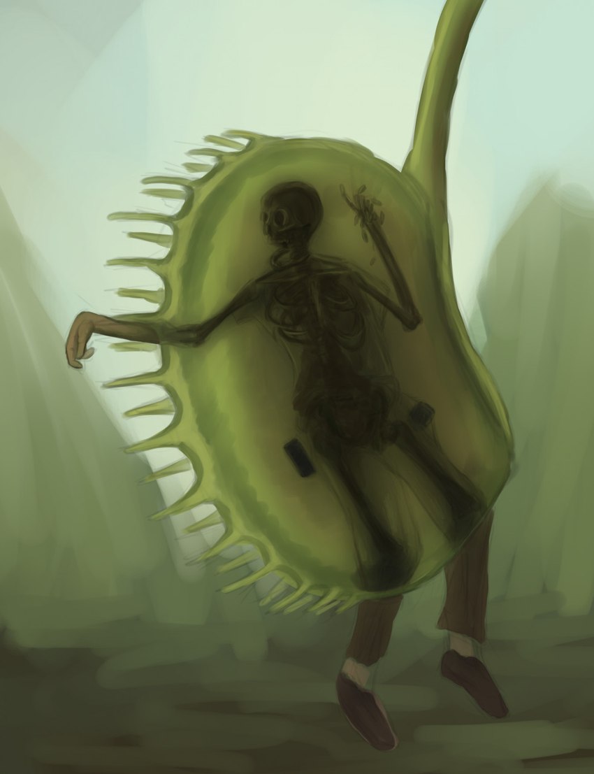 ambiguous_gender bone carnivorous_plant clothing death digestion fatal_vore footwear not_furry plant plant_pred plant_vore shoes solo venus_flytrap vore kelenkenwithfangs humanoid digital_media_(artwork) digital_painting_(artwork) green_theme hi_res painting_(artwork) shaded simple_shading