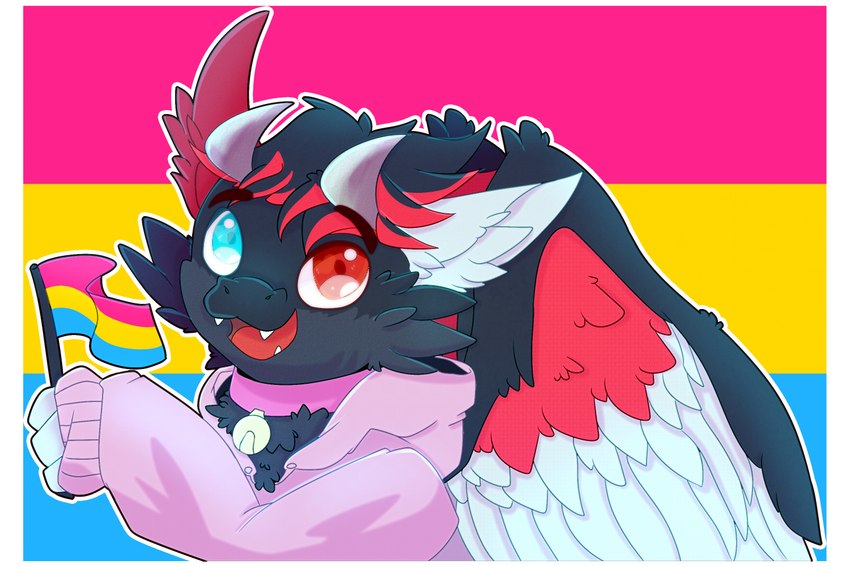 ambiguous_gender anthro bell bell_collar border clothing collar feathered_wings feathers flag flag_(object) fur heterochromia hoodie horn lgbt_pride multicolored_body multicolored_ears multicolored_fur multicolored_wings pansexual pansexual_pride_colors pride_color_background pride_colors simple_background snout solo topwear white_border wings nid15 mythology sparky_(eeveekyu) angel_dragon domestic_cat dragon felid feline felis hybrid mammal mythological_creature mythological_scalie scalie 3:2 male_(lore)