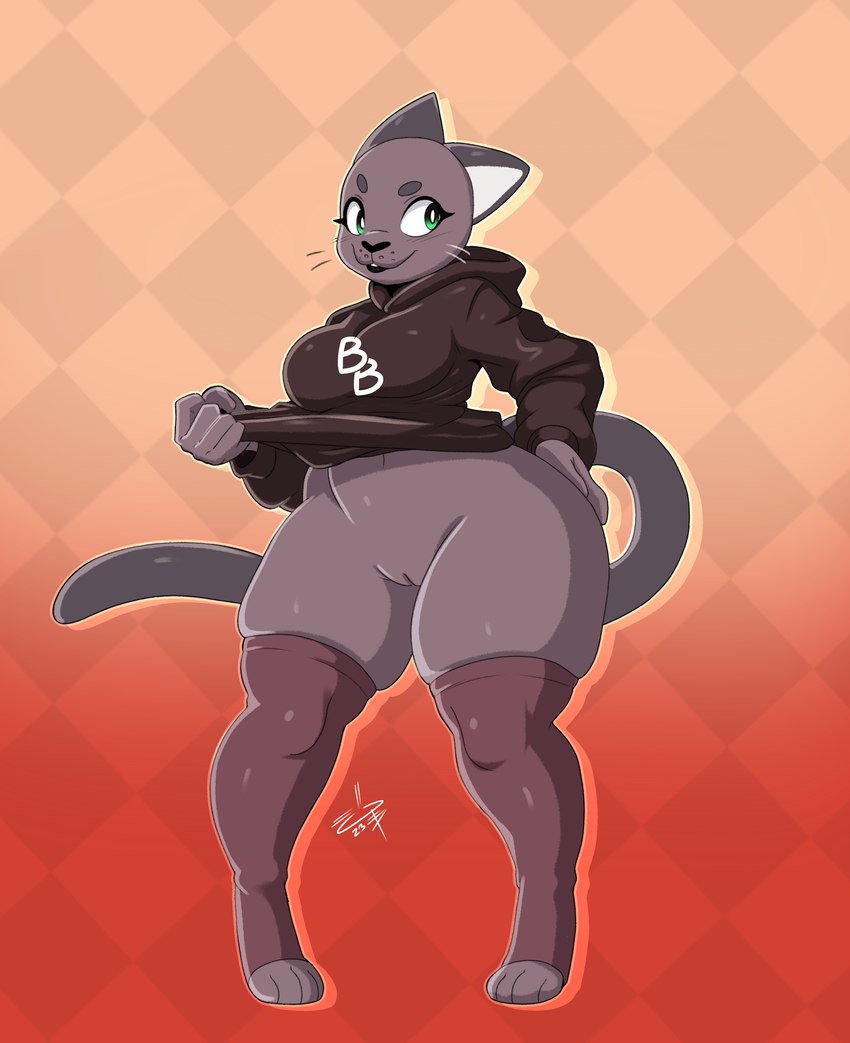 anthro bottomless breasts clothed clothing female footwear genitals green_eyes grey_body legwear pear-shaped_figure pussy socks solo sweatshirt thick_thighs thigh_highs thigh_socks wide_hips jaynatorburudragon beat_banger bunfan_games cathy_smith felid feline mammal absurd_res hi_res