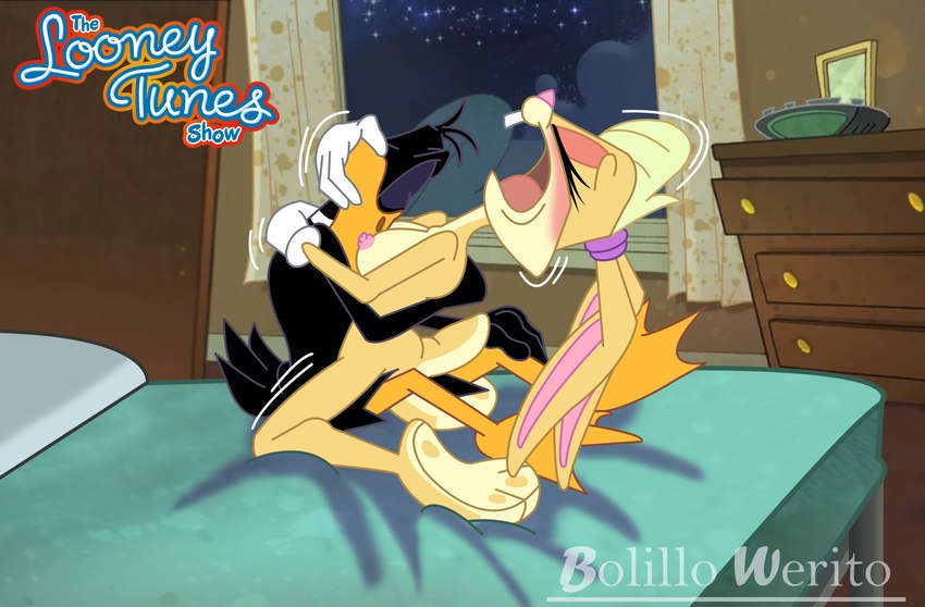 bed bedroom_sex duo eyes_closed face_between_breasts female furniture looking_pleasured male male/female on_bed open_mouth sex bolillo_werito looney_tunes the_looney_tunes_show warner_brothers daffy_duck lola_bunny absurd_res hi_res