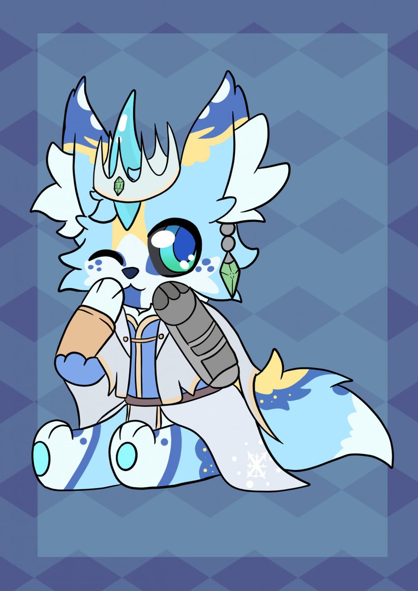 1_horn :3 abstract_background ambiguous_anthro ambiguous_gender anthro biped black_nose blue_body blue_clothing blue_eyes blue_fur blue_hair blue_horn blue_markings blue_pawpads blue_pupils chibi clothed clothed_ambiguous clothed_anthro clothing cosplay crown dark_sclera dipstick_tail emerald_(gem) facial_markings freckles fur gem glistening glistening_eyes glistening_horn gradient_eyes green_eyes hair head_markings headgear horn inner_ear_fluff markings multicolored_body multicolored_clothing multicolored_fur one_eye_closed pawpads paws pupils royalty semi-anthro sitting solo tail tail_markings teal_eyes tuft white_clothing yellow_body yellow_fur yellow_markings catnippeaches empires_smp empires_smp_(season_1) lake_(catnippeaches) smajor1995 canid canine fennec_fox fox mammal true_fox 2022 digital_drawing_(artwork) digital_media_(artwork) flat_colors hi_res