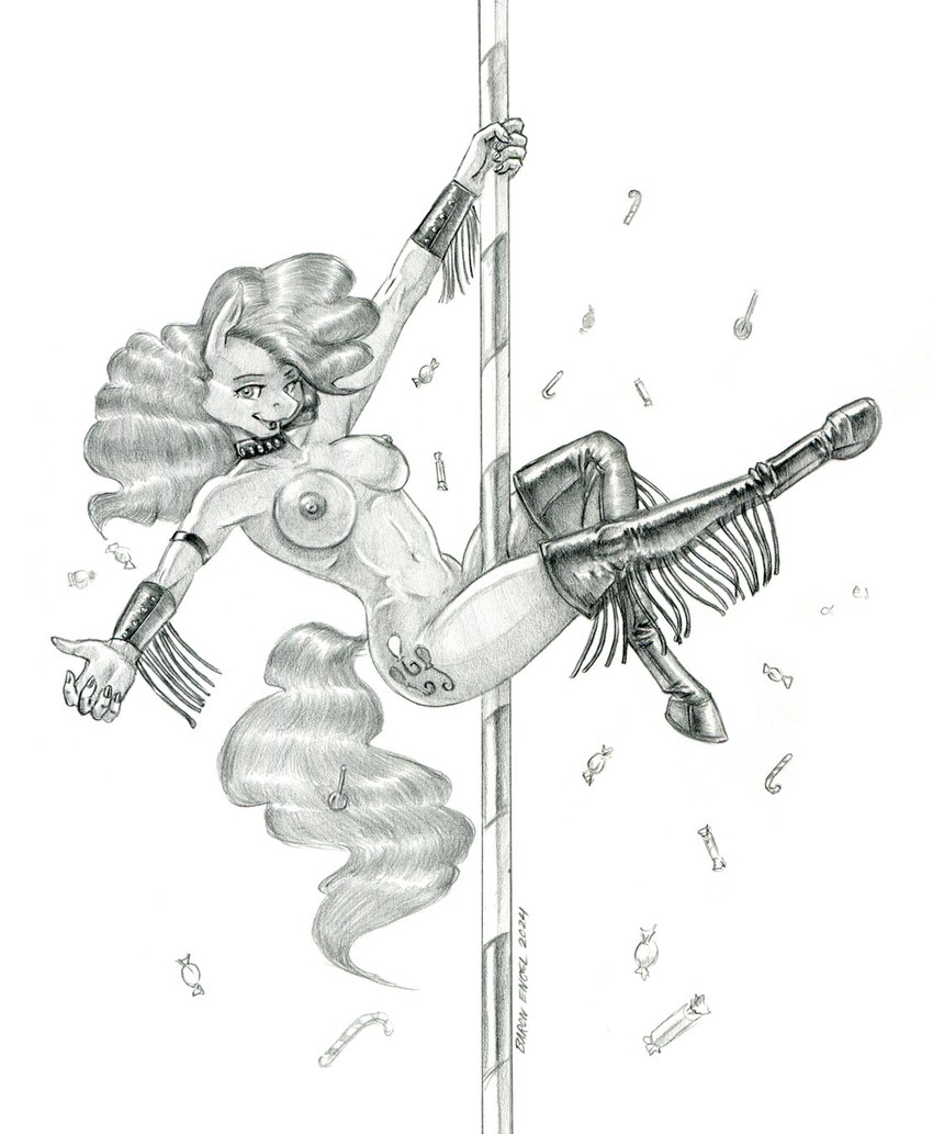 anthro anthrofied armor bracers breasts candy clothing cutie_mark dancing dessert female food fur hair leather leather_bracers legwear navel nipples nude pole pole_dancing solo stripper_pole thigh_highs baron_engel friendship_is_magic hasbro my_little_pony pinkie_pie_(mlp) equid equine horse mammal hi_res