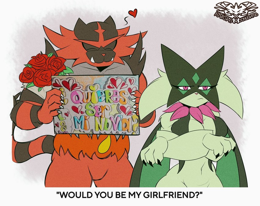 annoyed anthro bouquet breasts crossed_arms duo female flower flower_bouquet fur green_body green_fur male mask muscular muscular_male plant proposal red_body red_fur sign simple_background smile teeth text knightmoonlight98 nintendo pokemon felid feline generation_7_pokemon generation_9_pokemon incineroar mammal meowscarada pokemon_(species) digital_media_(artwork) english_text hi_res spanish_text