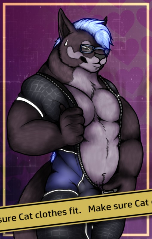 5_fingers anthro caution_tape_censor clothing fingers fur hair lips male musclegut muscular muscular_anthro muscular_male simple_background solo text wardrobe_malfunction geno28 kurt_the_thunderfloof alien felid mammal 2019 censored digital_media_(artwork) english_text hi_res signature