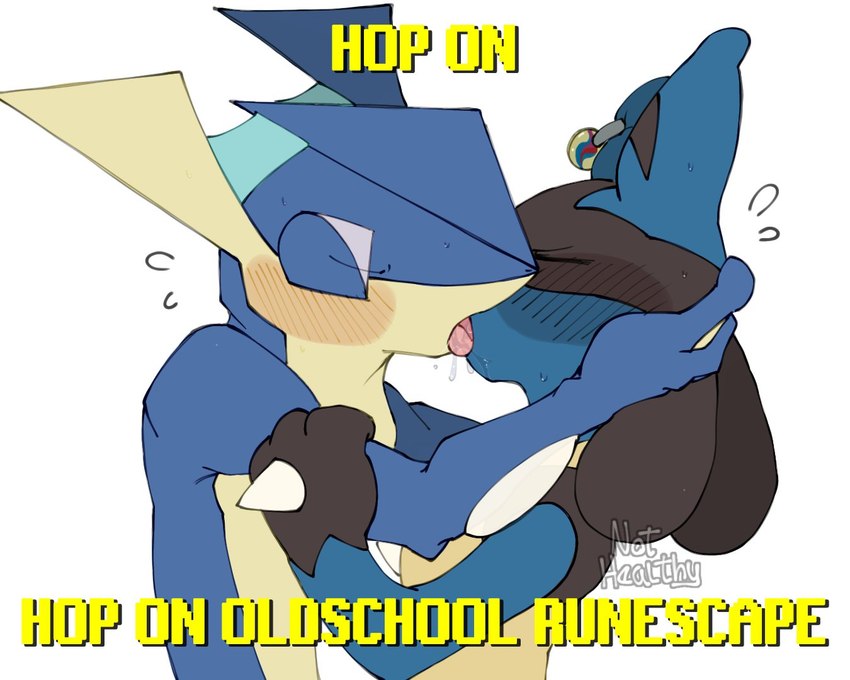 ambiguous_gender anthro biped black_body blue_body bodily_fluids caption duo eyes_closed french_kissing kissing saliva simple_background tan_body white_background itz_smi73 hop_on_(meme) nintendo old_school_runescape pokemon runescape generation_4_pokemon generation_6_pokemon greninja lucario pokemon_(species) 5:4 meme reaction_image