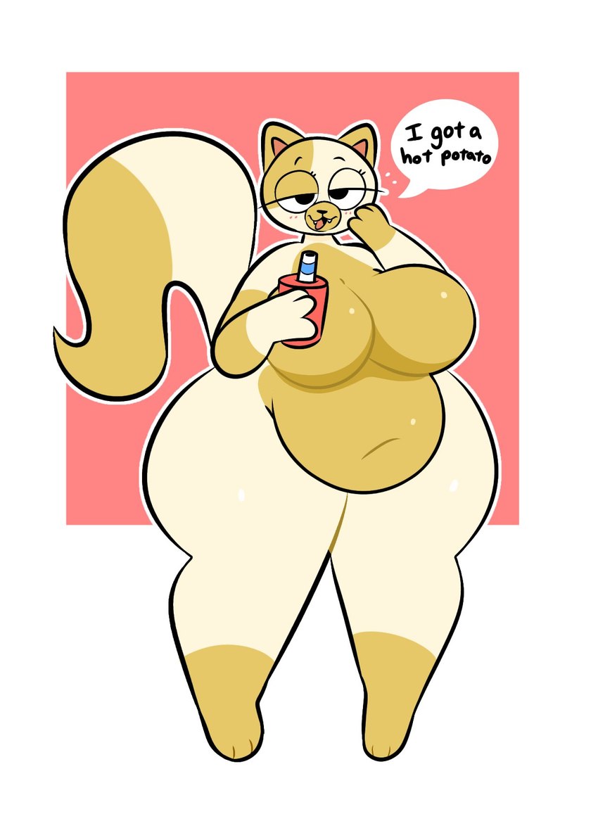 anthro belly beverage big_belly big_breasts breasts eyelashes featureless_breasts featureless_crotch female fur navel nude overweight overweight_anthro simple_background solo standing tail text thick_thighs white_body white_fur wide_hips swallowpancakes adventure_time cartoon_network cake_the_cat domestic_cat felid feline felis mammal digital_media_(artwork) english_text hi_res