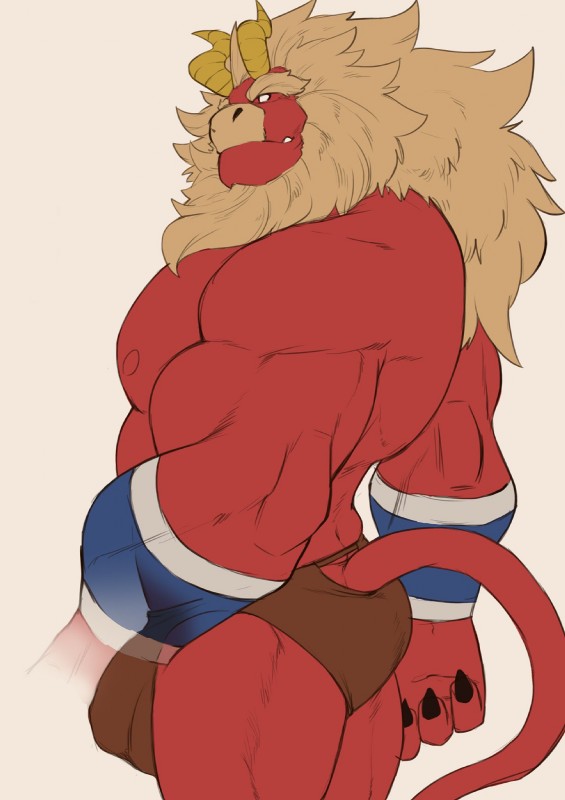 beard big_bulge big_muscles bulge butt detailed_bulge eyebrows facial_hair genital_outline hair horn looking_at_viewer male muscular muscular_male penis_outline red_body red_skin simple_background solo standing tan_hair thick_eyebrows white_eyes yellow_horn othukimi gardie_(otukimi) demon 2018 hi_res