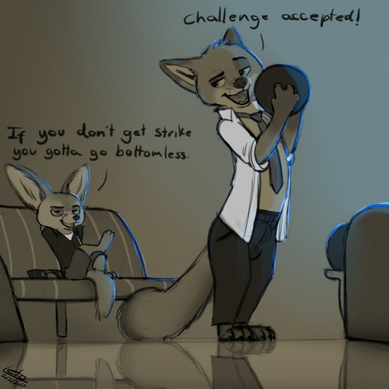 anthro bottomwear bowling bowling_ball bulge clothed clothing crossed_legs dialogue duo fur looking_back male necktie open_clothing open_shirt open_topwear pants shirt simple_background sitting size_difference standing text topwear letodoesart disney zootopia finnick_(zootopia) nick_wilde canid canine fennec_fox fox mammal red_fox true_fox 1:1 2017 english_text hi_res