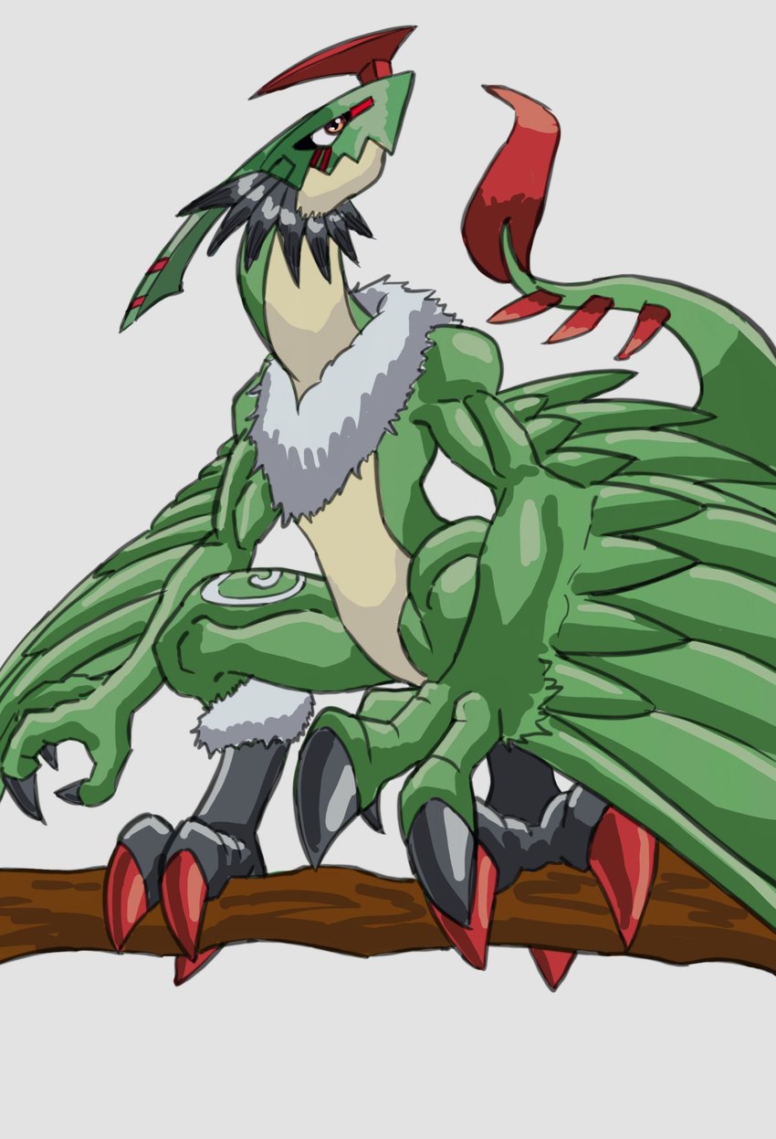 anthro claws feathers feet green_body green_feathers male mask neck_tuft perching solo talons toes tuft winged_arms wings laser_book bandai_namco digimon galemon hi_res