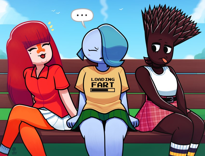 annoyed anthro bench clothing ellipsis female group humor shirt sitting t-shirt text text_on_clothing topwear wazzaldorp real_axolotl_hours angel_(wazzaldorp) koi-chan uni_(wazzaldorp) amur_carp angelfish carp cyprinid cypriniform echinoderm echinozoan fish koi marine sea_urchin typical_carp 2021 hi_res