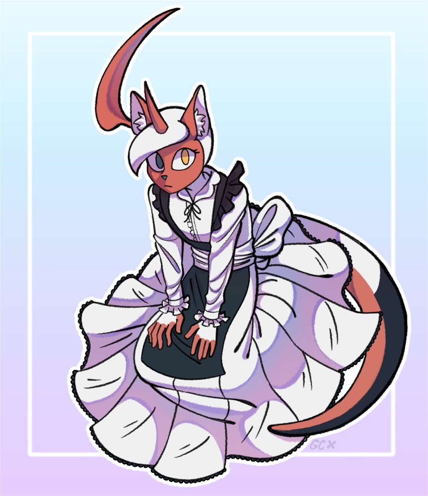 2_horns 5_fingers ambiguous_gender anthro black_tail_tip blue_background clothing dipstick_tail eyelashes fingers frilly frilly_clothing gradient_background green_eyes hair hands_on_knees hands_on_legs heterochromia horn inner_ear_fluff long_sleeves maid_apron maid_uniform markings outline purple_background red_ears red_face red_fingers red_horn red_tail simple_background solo tail tail_markings tuft uniform white_clothing white_hair white_inner_ear_fluff white_outline white_tail yellow_eyes corpflamingo nintendo pokemon abby_(ballad) absol generation_3_pokemon generation_7_pokemon hybrid pokemon_(species) salazzle shiny_pokemon hi_res shaded signature male_(lore)