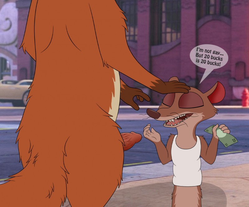 anthro dialogue duo erection eyes_closed fluffy fluffy_tail genitals male male/male money open_mouth oral paying penis prostitution size_difference stated_heterosexuality stated_sexuality tail skateryena disney zootopia duke_weaselton nick_wilde pay canid canine fox mammal mustelid musteline red_fox true_fox true_musteline weasel hi_res