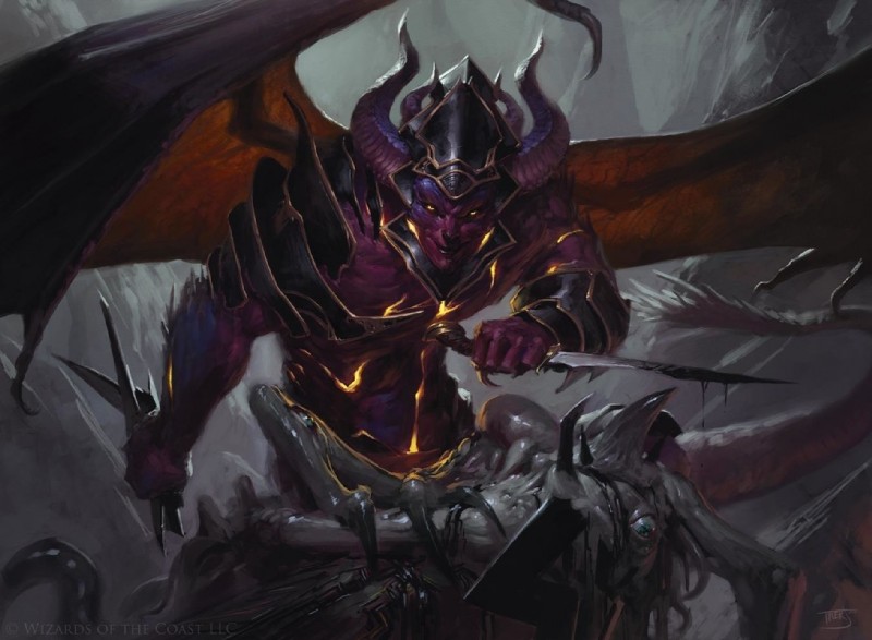 anthro armor holding_object holding_weapon horn knife male membrane_(anatomy) membranous_wings sacrifice tentacles weapon wings tyler_jacobson hasbro magic:_the_gathering wizards_of_the_coast ob_nixillis planeswalker demon eldrazi eldritch_abomination humanoid official_art