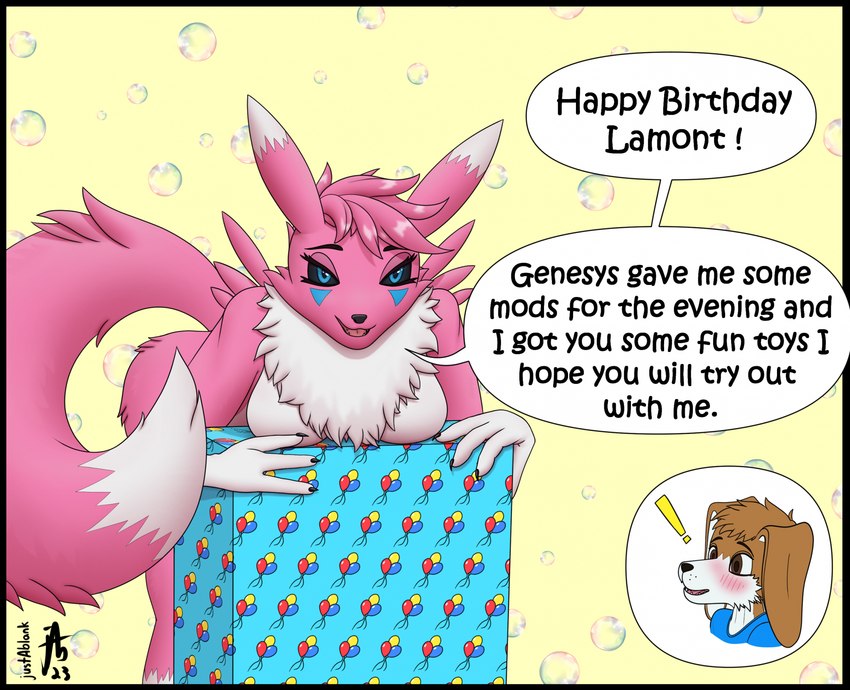 anthro balloon black_sclera blue_eyes breasts brown_body brown_fur bubble chest_tuft duo exclamation_point female female_anthro fluffy fluffy_tail fur fur_markings happy_birthday inflatable male markings pink_body pink_fur present_box simple_background solo_focus tail text tuft white_body white_fur justablank bandai_namco digimon lamont_(fursona) reyna_(lamont786) canid canine digimon_(species) mammal renamon 2023 artist_name colored digital_drawing_(artwork) digital_media_(artwork) english_text hi_res shaded signature