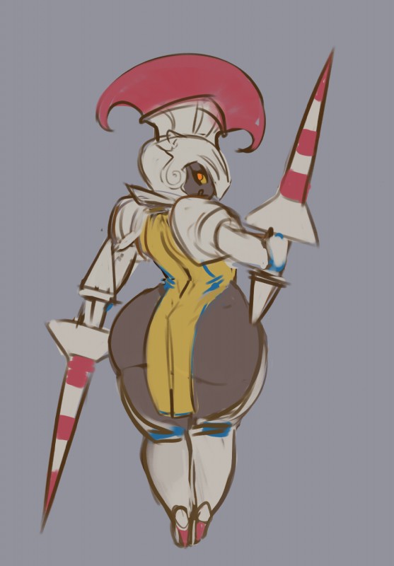 anthro anthrofied armor big_butt butt clothed clothing female grey_background looking_back pokemorph simple_background solo unconvincing_armor weapon wide_hips liveforthefunk nintendo pokemon escavalier generation_5_pokemon pokemon_(species) hi_res