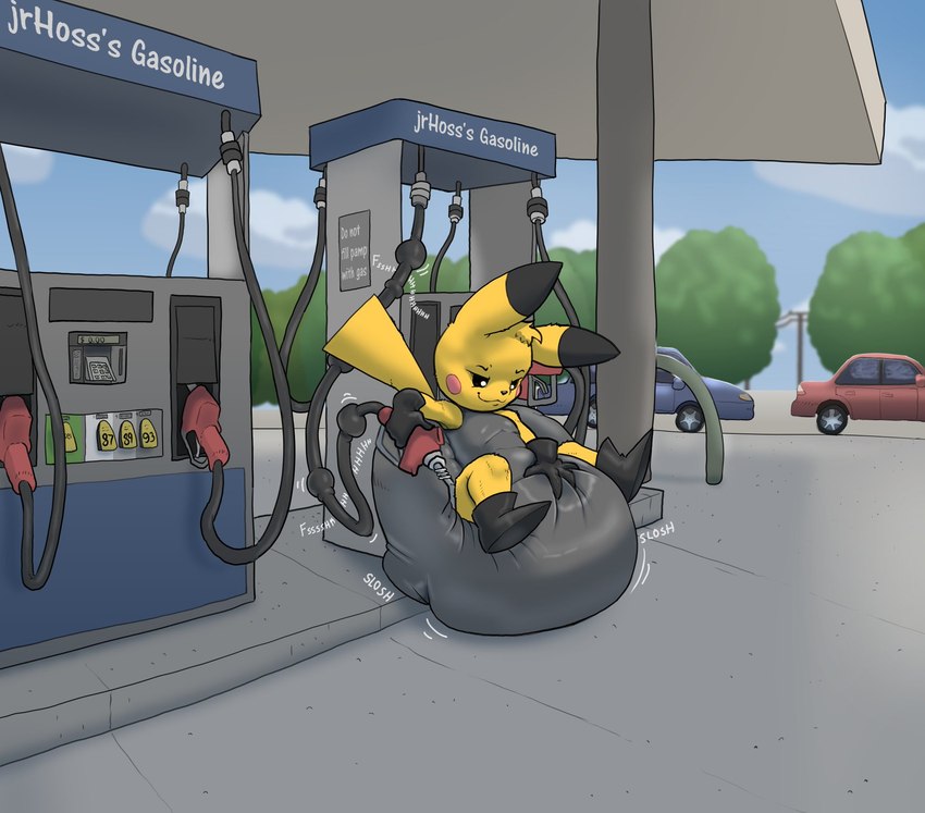 anthro anthrofied big_diaper black_boots black_clothing black_footwear black_sclera bodily_fluids boots car clean_diaper clothed clothing diaper diaper_fetish diaper_inflation diaper_squish diapersuit footwear gas_pump gas_station gasoline genital_fluids latex latex_clothing latex_skinsuit male onomatopoeia outside plant pokemorph rubber_clothing shoes skinsuit sky smug_grin solo sound_effects text tight_clothing tree vehicle wearing_diaper yellow_body parumpee nintendo pokemon paru_(parumpee) generation_1_pokemon mammal pikachu pokemon_(species) rodent colored digital_drawing_(artwork) digital_media_(artwork) hi_res