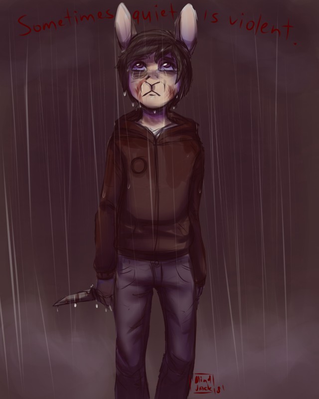 ambiguous_gender anthro blood bodily_fluids bruised clothed clothing crying fully_clothed knife looking_up outside raining sad solo tears blindjackk ariel_(blindjackk) lagomorph leporid mammal rabbit 4:5 absurd_res hi_res