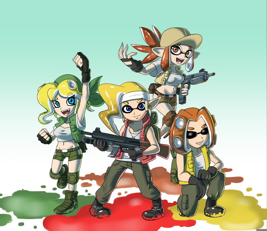 blonde_hair blue_eyes bottomwear breasts brown_eyes brown_hair clothed clothing eyewear facial_markings female footwear group gun hair head_markings male markings mask_(marking) midriff navel open_mouth ranged_weapon rifle shoes shorts sunglasses topwear tube_top weapon sonicboom30813 metal_slug nintendo splatoon animal_humanoid cephalopod cephalopod_humanoid humanoid inkling marine marine_humanoid mollusk mollusk_humanoid octarian octoling squid_humanoid hi_res