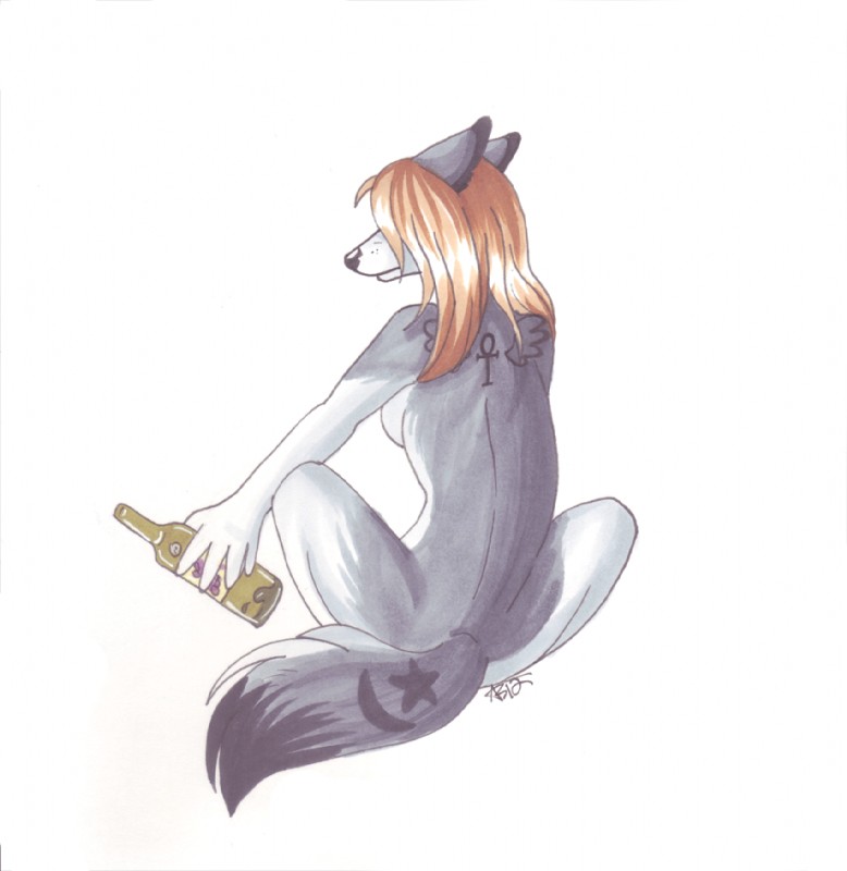 alcohol anthro beverage bottle container female fur grey_body grey_fur holding_bottle holding_container holding_object nude solo tail celestialwolfen canid canine canis mammal wolf 2012