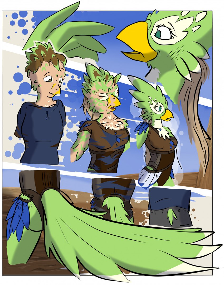 anthro beak beak_growth blonde_hair breast_growth breasts brown_hair clothed clothing feather_growth feathers female forced forced_transformation gender_transformation green_body green_eyes green_feathers growth hair hair_growth height_reduction male medium_breasts mid_transformation mtf_transformation reality_shift rito_village solo species_transformation surprised_expression thick_thighs transformation transformation_sequence tribal tribal_clothing schmen nintendo the_legend_of_zelda animal_humanoid avian avian_humanoid human humanoid mammal rito rito_humanoid colored comic hi_res