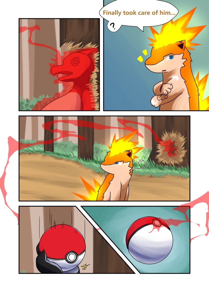 countershading fire forest plant pokeball speech_bubble text tree darrow0 nintendo pokemon yuel charmeleon generation_1_pokemon generation_2_pokemon pokemon_(species) quilava comic english_text hi_res