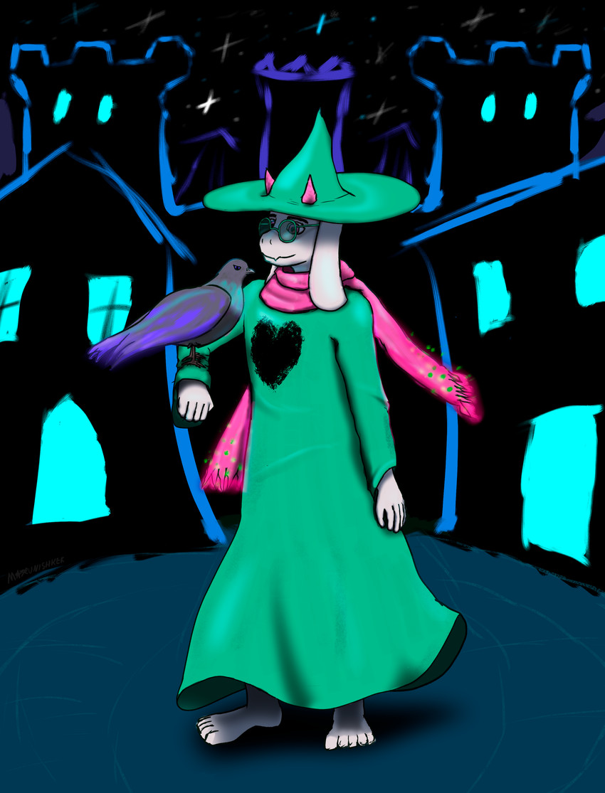 anthro antlers barefoot castle clothed clothing eyewear feet fur glasses hat headgear headwear horn male robe scarf solo white_body white_fur marunishkek deltarune undertale_(series) ralsei avian bird columbid pigeon absurd_res hi_res