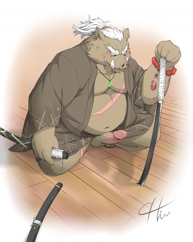 anthro balls belly brown_body brown_fur clothing erection fur genitals humanoid_hands male melee_weapon moobs navel overweight overweight_anthro overweight_male penis robe solo sword weapon chiubear0214 chunchun_(character) mammal suid suine sus_(pig) wild_boar 2019 absurd_res hi_res