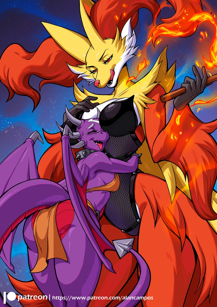 anthro big_breasts breasts butt clothed clothing duo female fire fur horn larger_anthro larger_female size_difference tail text tongue wings alanscampos mythology nintendo pokemon canid delphox dragon generation_6_pokemon mammal mythological_creature mythological_scalie pokemon_(species) scalie 2024 hi_res url