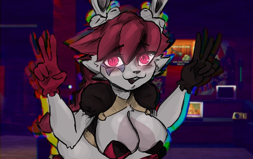 anthro big_breasts blush breasts cleavage clothed clothing female gesture gloves glowing glowing_eyes hand_gesture handwear pink_eyes solo v_sign stormkinght in_heat_(game) poppi_(in_heat) lagomorph leporid mammal rabbit hi_res