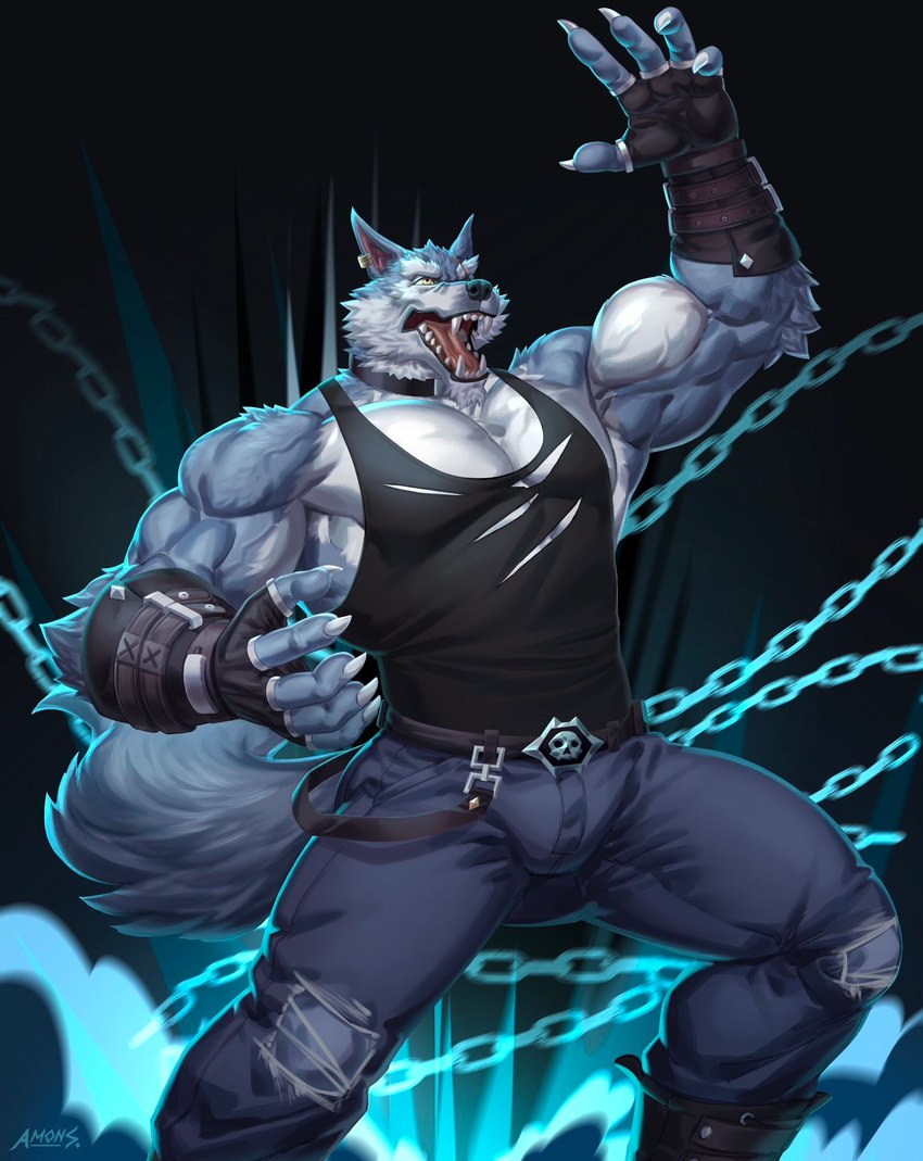 anthro bulge chain claws clothed clothing male muscular muscular_anthro muscular_male pecs solo teeth vein veiny_muscles amon-sydonai dislyte lilith_games freddy_(dislyte) canid canine canis mammal wolf hi_res