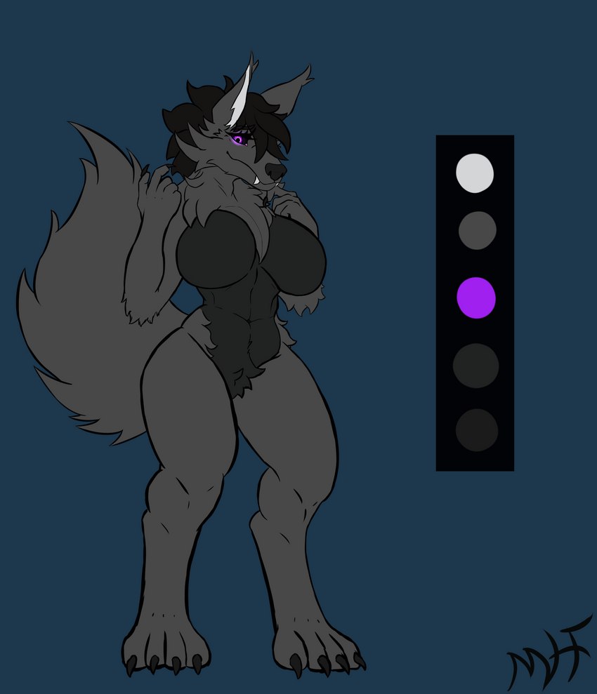 anthro big_breasts black_body black_fur black_sclera breasts butt cheek_tuft chest_tuft claws color_swatch facial_tuft featureless_breasts female fluffy fluffy_tail fur grey_body grey_fur hair huge_breasts looking_at_viewer neck_tuft nude purple_eyes simple_background smile solo tail tuft maliborg alex_hvorostovsky canid canine canis mammal wolf absurd_res digital_media_(artwork) hi_res