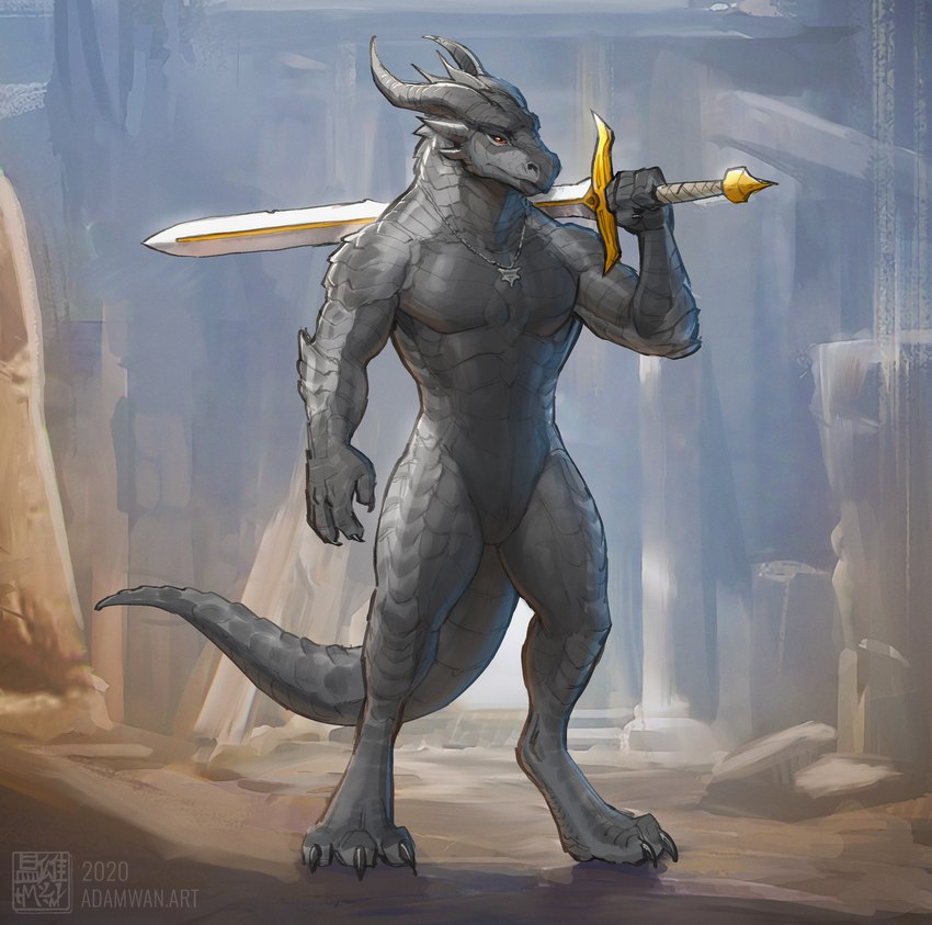 3_toes 4_fingers anthro arm_spikes biceps biped black_claws cheek_spikes claws countershade_arms countershade_hands countershade_legs countershade_neck countershade_tail countershade_torso countershading dark_body deltoids detailed_background digitigrade facial_spikes featureless_crotch feet finger_claws fingers glistening glistening_body glistening_scales grey_body grey_countershading grey_scales head_spikes holding_melee_weapon holding_object holding_sword holding_weapon horn jewelry light male melee_weapon muscular muscular_anthro muscular_male necklace nude pecs pendant pupils red_eyes reverse_countershading ruins scales slit_pupils solo spikes spikes_(anatomy) standing sword sword_on_shoulder tail text toe_claws toes weapon zaush mythology patreon dragon mythological_creature mythological_scalie reptile scalie wingless_dragon 2020 absurd_res artist_name digital_media_(artwork) full-length_portrait hi_res lighting portrait shaded url watermark